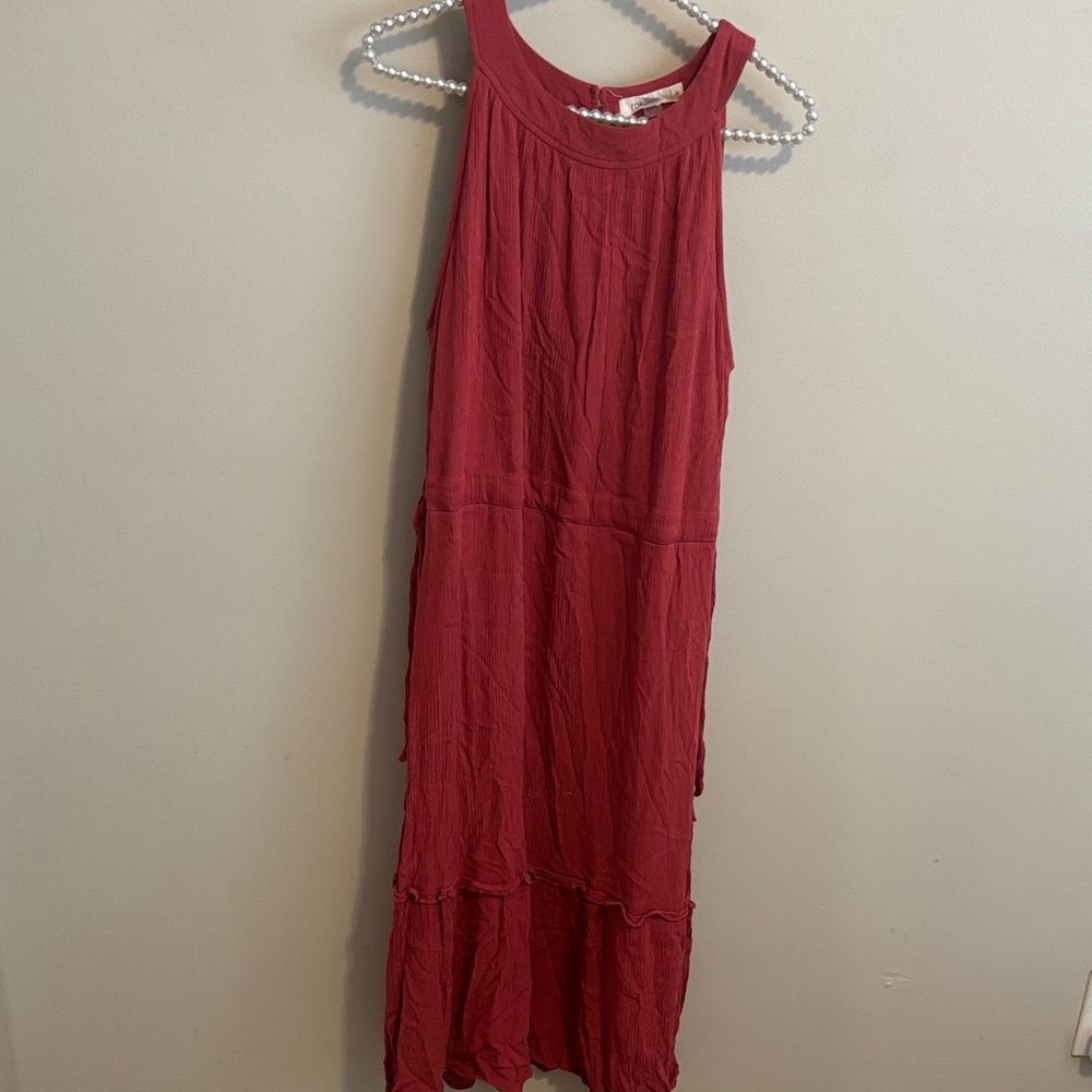 Rokoko Boho Tiered Gauze Maxi Dress Halter Neck Sleeveless Solid Rust Red Medium
